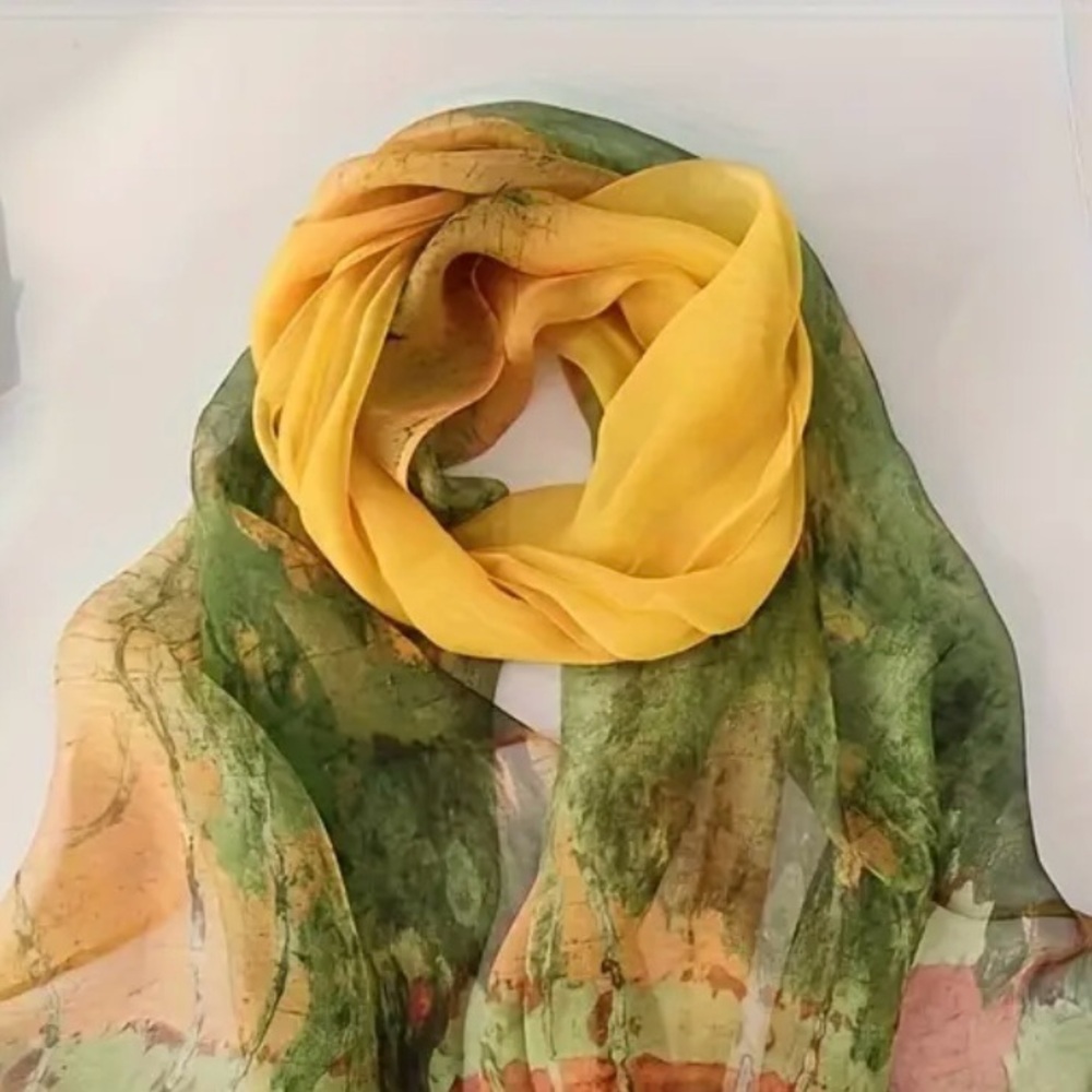 Colorful Abstract Birch Trees Scarf Shawl Green Yellow Brown - Picture 2 of 4